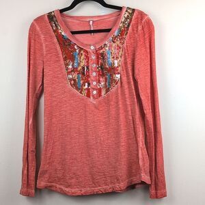 Free People Sequined Long Sleeve Henley Top Size M Boho Festival Western